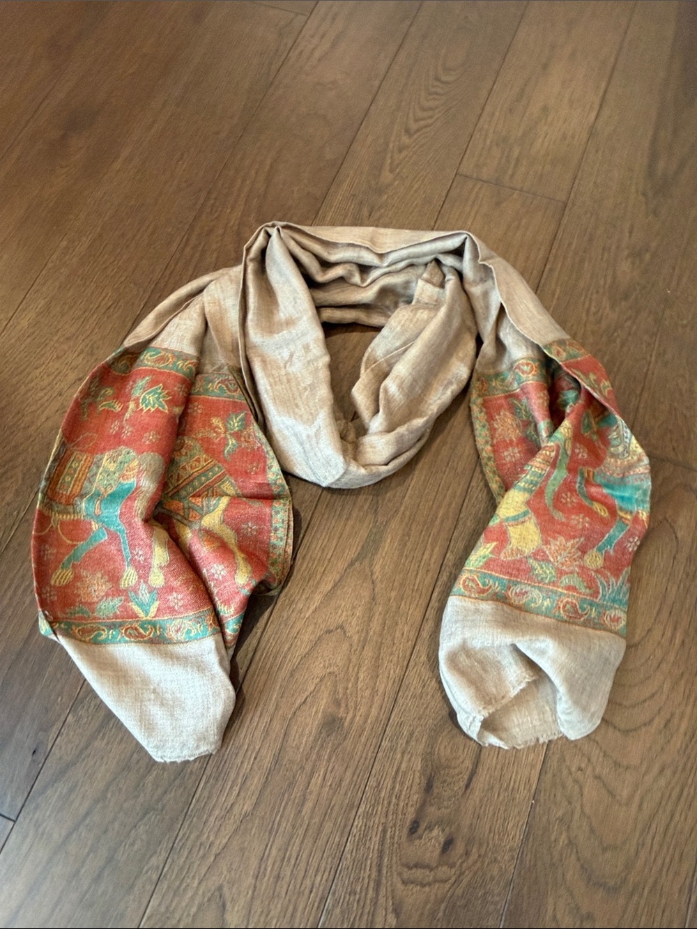 Beige Scarf with Red and Teal Pattern - Women's Accessory - C54-170